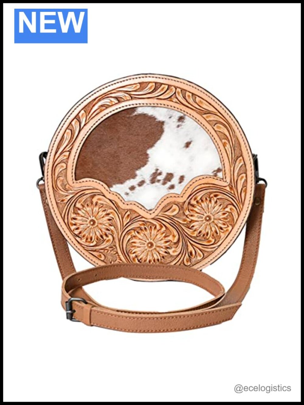 Vintage Western Handtooled Cowhide Canteen Crossbody Bag with Adjustable
